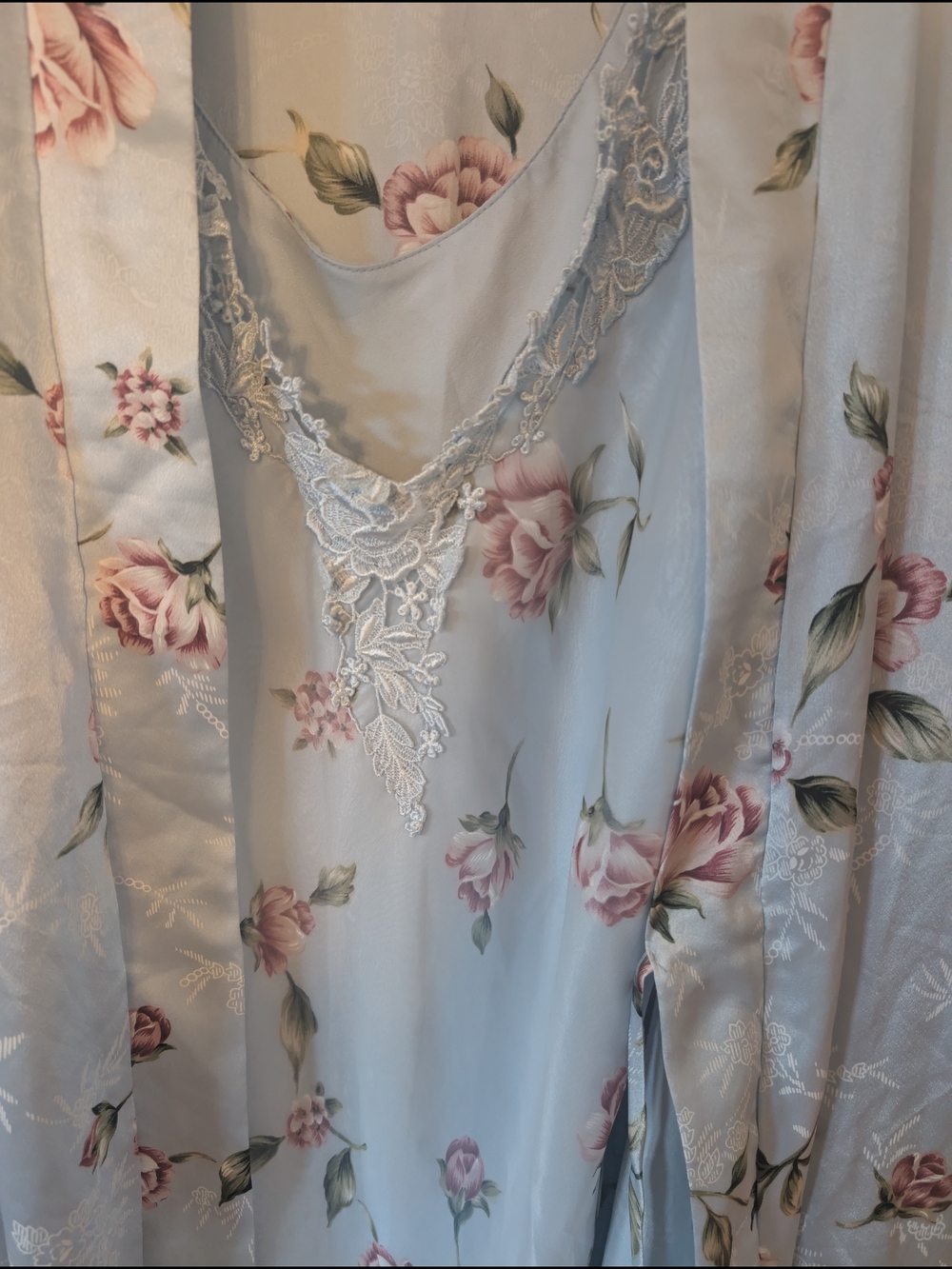 Light Blue Floral Satin Kimono Robe Self-Tie Belt, Chemise Nightie, Hanger XL
